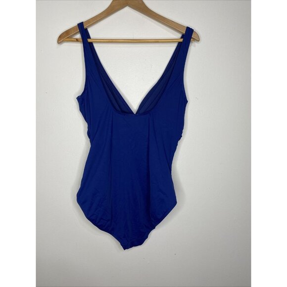 Ralph Lauren Swimsuit Sz 14 Blue One Piece Swim Ruched Side V Neck Padded Bra - Picture 5 of 6